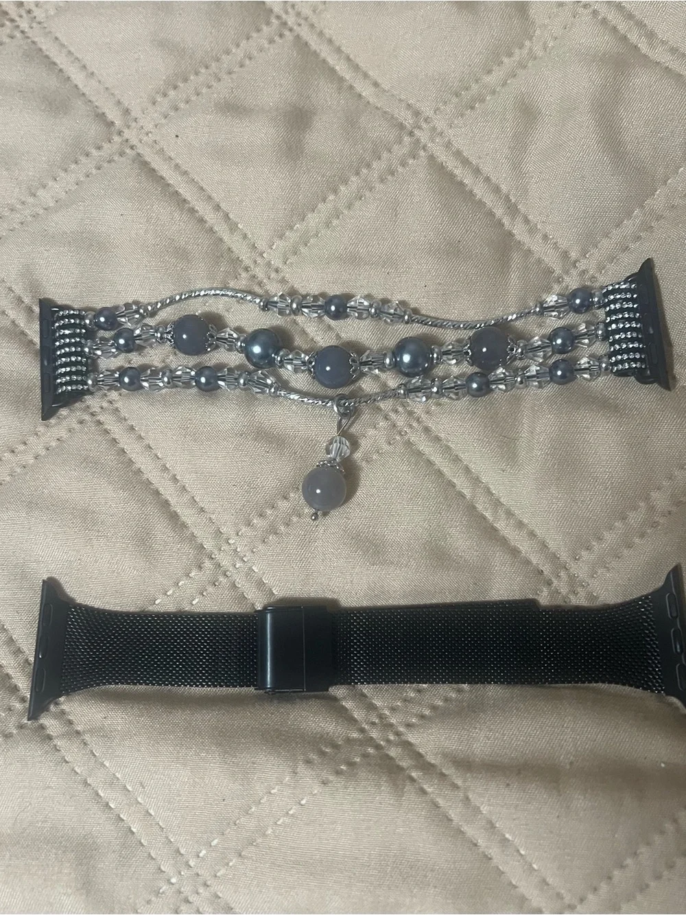 Set of 2 -Silver/Black Stretch Beaded Apple Watch Band and Black Metal Mesh Band